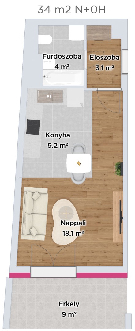 Garzonlakás — 34 m² (A verzió) — alaprajz