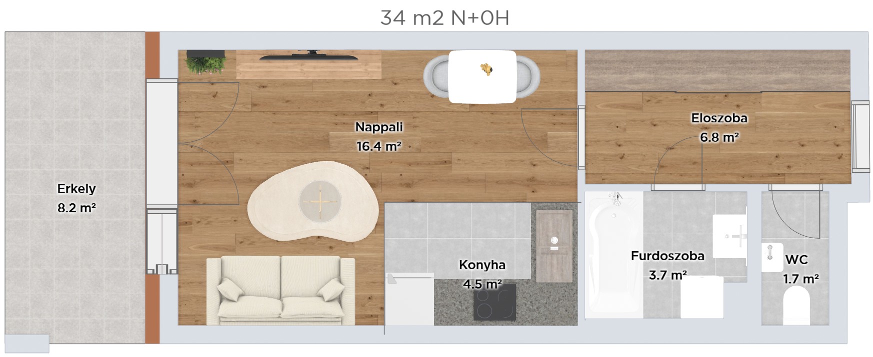 Garzonlakás — 34 m² (B verzió) — alaprajz