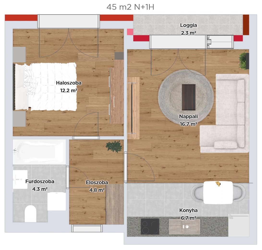 Nappali + 1 hálós — 45 m² — alaprajz