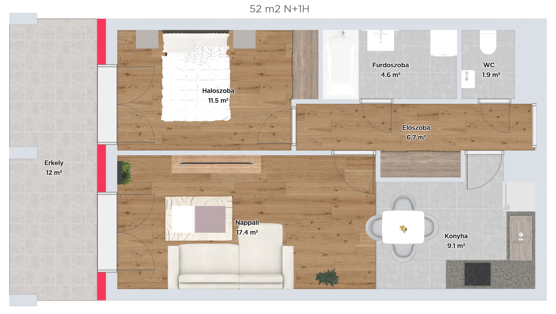Nappali + 1 hálós — 52 m² (A verzió) — alaprajz